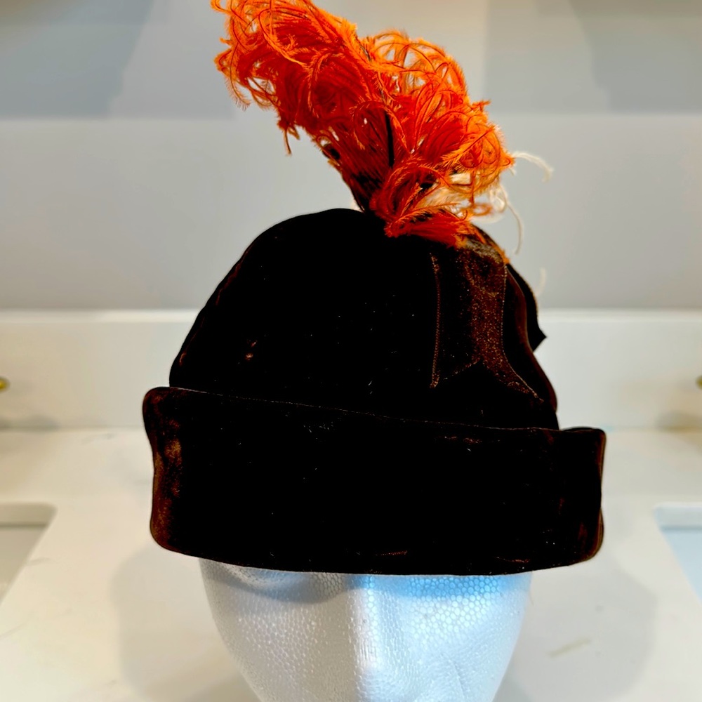 Vintage brown velvet hat with feathers